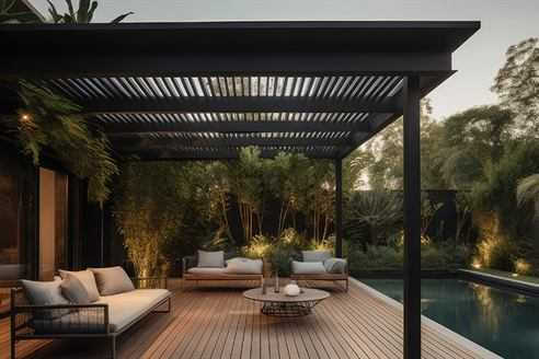 Timber pergola over an outdoor seating area