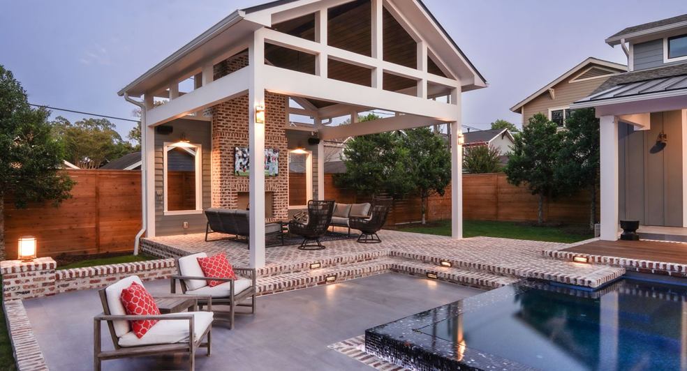 Landscaped backyard with a pool, patio and gardens