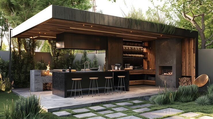 Covered outdoor kitchen with a bar, wood ceiling and fireplace