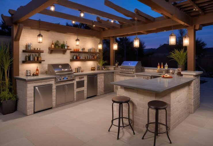 Pergola-covered outdoor kitchen with pendant lights and a grill at dusk
