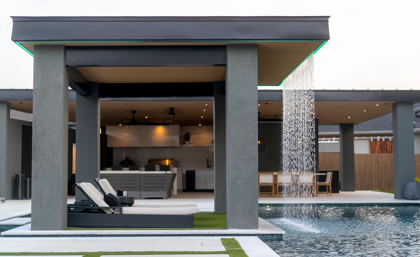 Custom pergola providing shade over an outdoor seating area