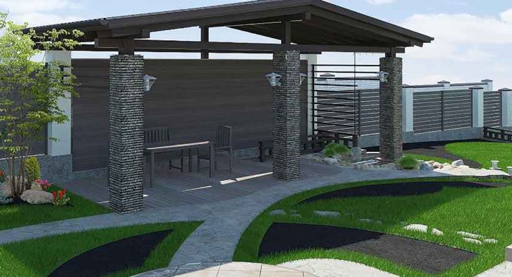 Covered stone-column pavilion connected to the garden by curved stone pathways