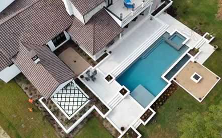 Aerial view of the Dashingly pool, spa and outdoor living area