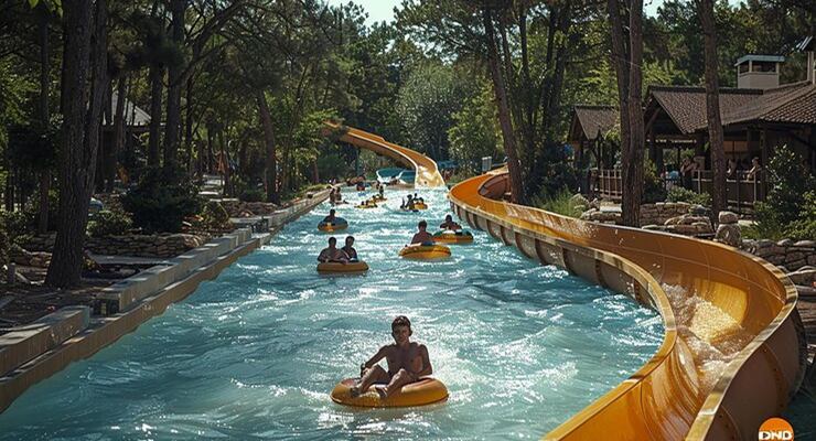 Lazy river winding through landscaped grounds